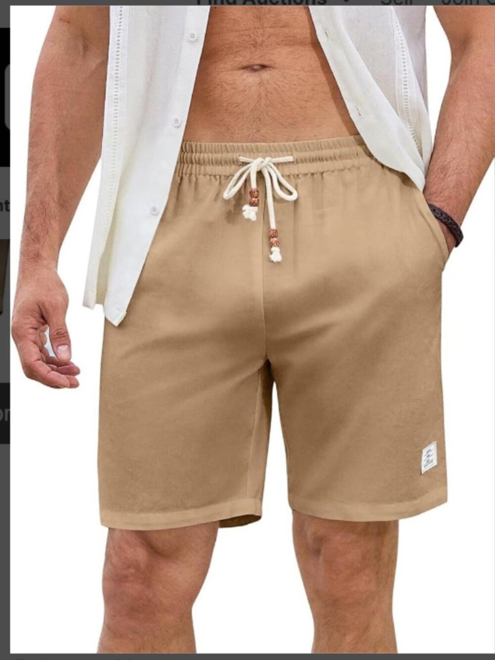 Linen Blend  Mens Drawstring Shorts Beige Oatmeal Casual Summer Beach Sz 38/XL